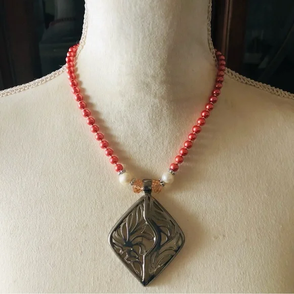 Handcrafted repurpose large filigree pendant Czech glass Pearl necklace